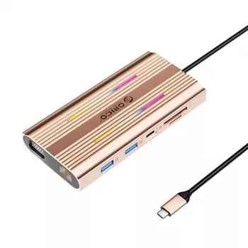 ORICO XDR Σταθμός σύνδεσης USB-C 12 σε 1 RGB, 2x USB-A, 1x USB-C PD 100W, 2x HDMI 4K 60Hz, VGA, RJ45 Gigabit, Αναγνώστης καρτών SD & microSD - Rose Gold