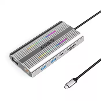ORICO XCR Σταθμός σύνδεσης USB-C 12 σε 1 με RGB, 3x USB-A, USB-C PD 100W, HDMI 4K, VGA, RJ45 Gigabit, Αναγνώστης καρτών SD/microSD - Ασημί