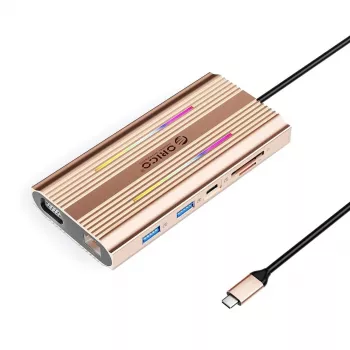 ORICO XDR Σταθμός σύνδεσης USB-C 12 σε 1 RGB, 3x USB-A, USB-C PD 100W, HDMI 4K, VGA, RJ45 Gigabit, Αναγνώστης καρτών SD/microSD - Rose Gold