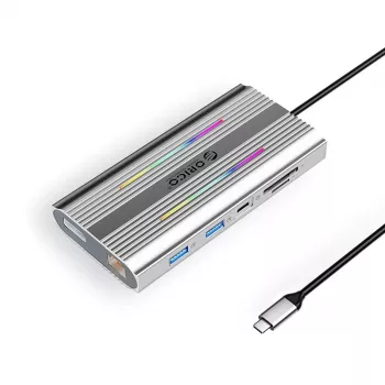 ORICO XDR Σταθμός σύνδεσης USB-C 12 σε 1 με RGB, 2x HDMI 4K 60Hz, DisplayPort 4K 60Hz, RJ45 Gigabit, PD 100W, Αναγνώστης καρτών SD/microSD - Ασημί
