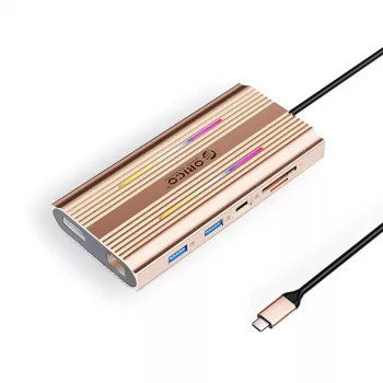 ORICO XDR Σταθμός σύνδεσης USB-C 12 σε 1 με RGB, 2x HDMI 4K 60Hz, DisplayPort 4K 60Hz, Gigabit Ethernet, 100W PD, Αναγνώστης καρτών SD/microSD - Ροζ χρυσό