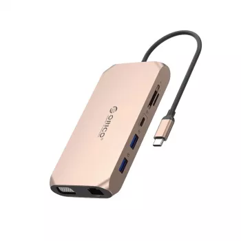 ORICO XCR Σταθμός σύνδεσης USB-C 12 σε 1, 2x USB-A 3.1, 1x USB-A 2.0, 1x USB-C PD 100W, 1x USB-C 3.1, 2x HDMI 2.0 4K 60Hz, 1x VGA 1080p, 1x SD 3.0, 1x microSD 3.0, 1x RJ45 Gigabit Ethernet, 1x Ήχος CTIA 3,5mm, Ροζ χρυσό