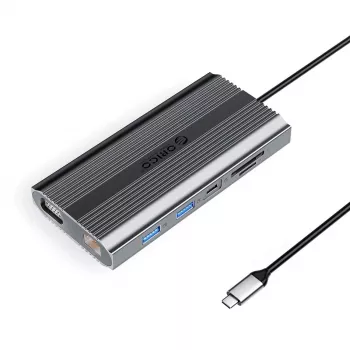 ORICO XDR Σταθμός σύνδεσης USB-C 12 σε 1 με USB-A, USB-C PD 100W, HDMI 4K, VGA, RJ45 Gigabit, Αναγνώστης καρτών SD & MicroSD - Γκρι