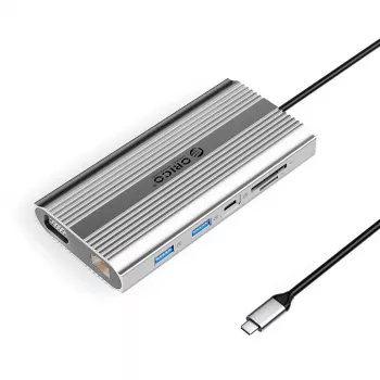 ORICO XDR Σταθμός σύνδεσης USB-C 12 σε 1 με 4K HDMI, VGA, Gigabit Ethernet, 100W PD, Αναγνώστης καρτών SD/MicroSD - Ασημί