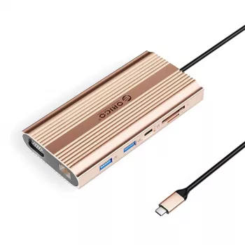 ORICO XDR Σταθμός σύνδεσης USB-C 12 σε 1 με 100W PD, HDMI 4K, VGA, Gigabit Ethernet, Αναγνώστης καρτών SD/MicroSD - Ροζ χρυσό
