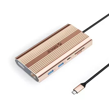 ORICO XDR Σταθμός σύνδεσης USB-C 12 σε 1 με 2x HDMI 4K 60Hz, DisplayPort 4K 60Hz, Gigabit Ethernet, 100W PD, Αναγνώστης καρτών SD/MicroSD - Ροζ χρυσό