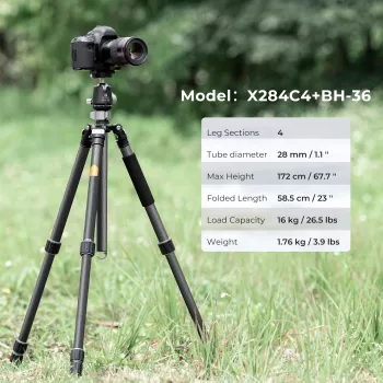 K&F Concept X284C4 Τρίποδο ανθρακονημάτων με κεφαλή μπίλιας BH-36, 172 cm / 67,7 inch, 16 kg / 35,3 lbs φορτίο, Μονόποδο, 4-Section Twist Lock, συμβατό με Arca-Swiss