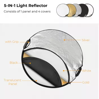 K&F Concept 5-in-1 Στρογγυλός ανακλαστήρας φωτογραφίας με λαβή 80cm (32 inch) - Χρυσό/Ασημί/Λευκό/Μαύρο/Διαφανής διαχύτης για φωτογραφία πορτρέτου, στούντιο και εξωτερικού χώρου