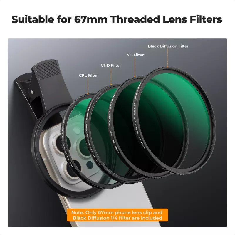 Φίλτρο KF Black Diffusion 1/4 67mm με προσαρμογέα Clip-On για smartphone