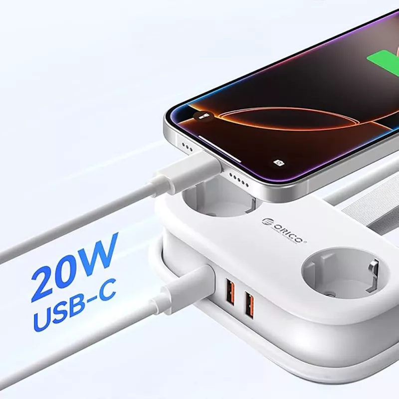 ORICO AP3 20W GaN Πολύπριζο 5 σε 1 2x AC + 2x USB-A + 1x USB-C - λευκό