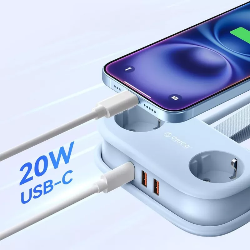 ORICO AP3 20W GaN Πολύπριζο 5 σε 1, 2x AC + 2x USB-A + 1x USB-C, μπλε