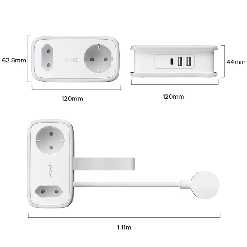 ORICO APP 15.5W Πολύπριζο 5 σε 1 με 2x AC, 2x USB-A, 1x USB-C - λευκό