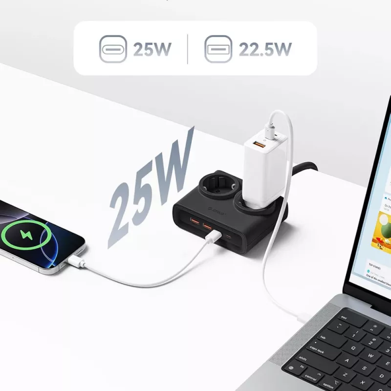 ORICO PDC25 25W Πολύπριζο 6 σε 1 με 2 πρίζες AC, 2 θύρες USB-A και 2 θύρες USB-C - μαύρο