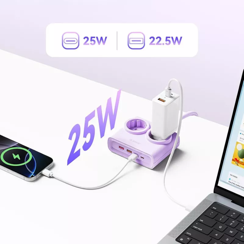 ORICO PDC25 25W Πολύπριζο 6 σε 1 με 2 πρίζες AC, 2 θύρες USB-A και 2 θύρες USB-C - μωβ