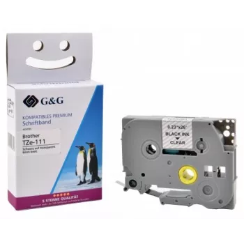 G&G συμβατή μελανοταινία ετικετών για Brother TZe-111 – διαφανής με μαύρη εκτύπωση, 6mm x 8m, πλαστικοποιημένο PET