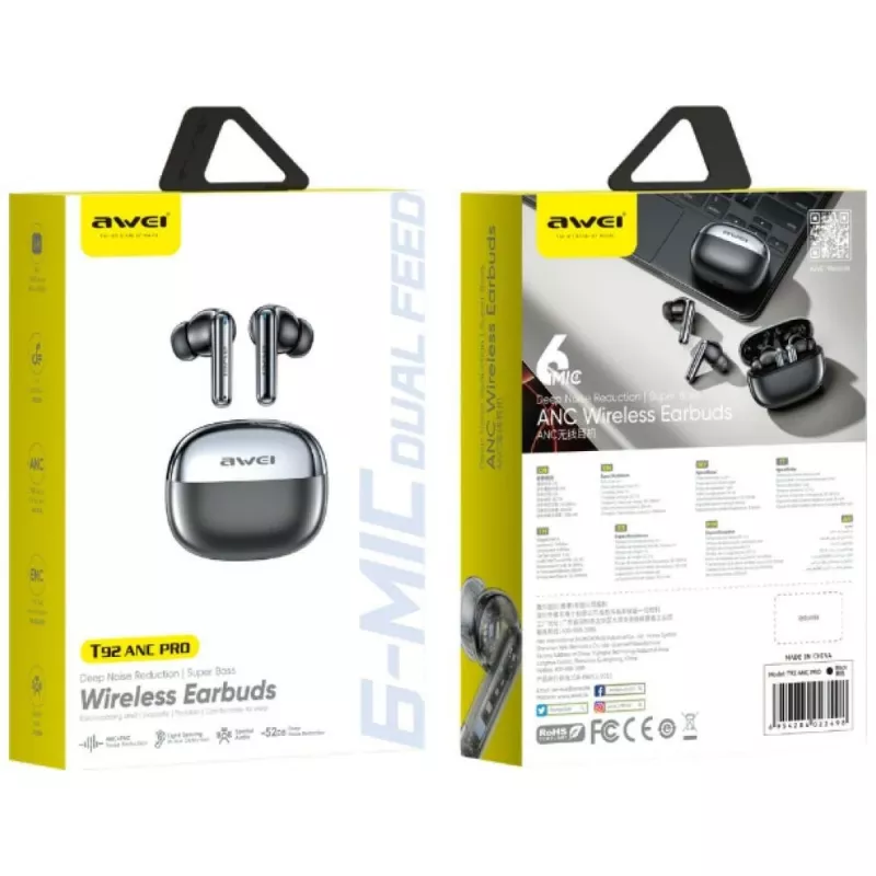 AWEI T92 ANC Pro True Wireless ακουστικά με θήκη φόρτισης, μαύρο