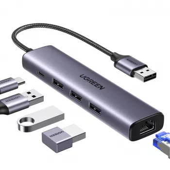 UGREEN Hub 5 σε 1 USB-A σε 3x USB 3.0 + RJ45 + USB-C (Ασημί)