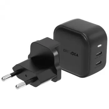 ENERGEA Travelite GAN45 Φορτιστής Ταξιδιού GaN 45W USB-C Διπλής Θύρας με Προσαρμογείς US+EU, Μαύρο