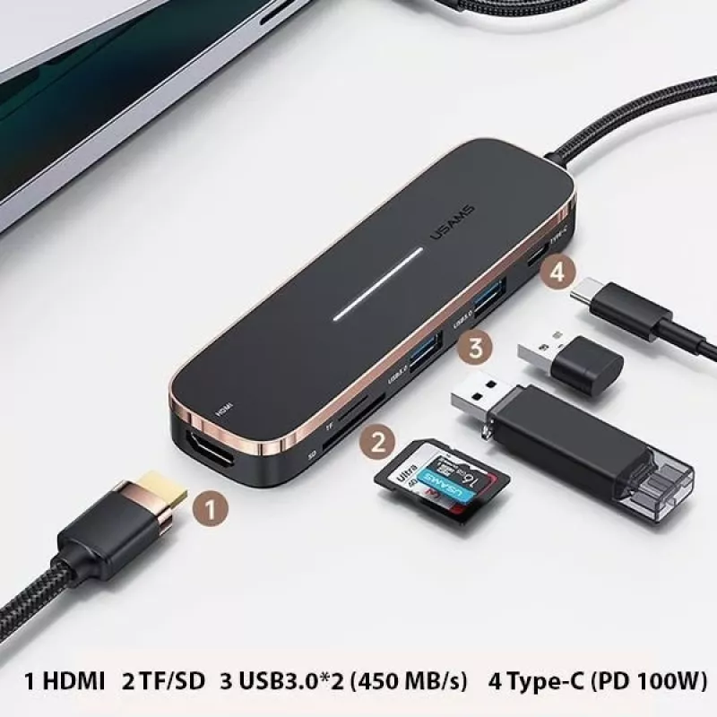 USAMS SJ575HUB01 USB-C Hub 2x USB-A USB-C PD HDMI SD Micro SD αναγνώστης καρτών μαύρο