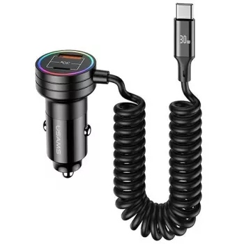 USAMS Φορτιστής αυτοκινήτου 60W 2xUSB-C 1xUSB-A με σπιράλ καλώδιο ταχεία φόρτιση PD QC μαύρο CC167CC01