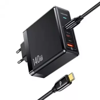 USAMS T52PD140W 140W GaN τροφοδοτικό με καλώδιο USB-C 240W, 2xUSB-C + 1xUSB-A, ταχεία φόρτιση PD, μαύρο (US-CC168 + US-SJ581) σειρά UM UMXLOGTC01