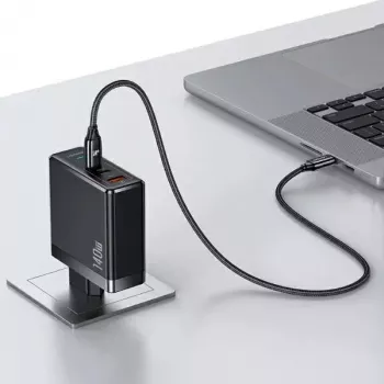 USAMS T52PD140W 140W GaN τροφοδοτικό με καλώδιο USB-C 240W, 2xUSB-C + 1xUSB-A, ταχεία φόρτιση PD, μαύρο (US-CC168 + US-SJ581) σειρά UM UMXLOGTC01