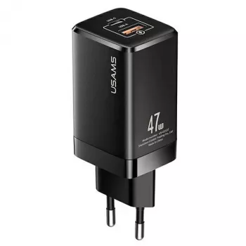 USAMS T41 GaN 47W USB-C+USB-A Γρήγορος Φορτιστής Φις EU Μαύρο