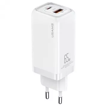 USAMS T47 65W PD Γρήγορη Φόρτιση Super Si Φορτιστής Τοίχου με 1x USB-C και 1x USB-A, Λευκό (CC153TC02)