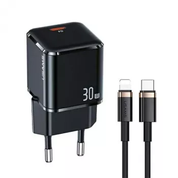 USAMS T45 30W PD3.0 USB-C Γρήγορος Φορτιστής με Καλώδιο U63 USB-C σε Lightning, Μαύρο, UXTZH01