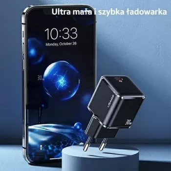 USAMS T45 30W PD3.0 USB-C Γρήγορος Φορτιστής με Καλώδιο U63 USB-C σε Lightning, Μαύρο, UXTZH01