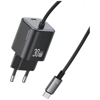 USAMS 30W GaN Γρήγορος Φορτιστής με Καλώδιο USB-C (Μαύρο, Φις EU)