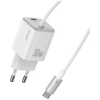 USAMS JC Series CC264 30W GaN Mini Γρήγορος Φορτιστής, USB-C με Ενσωματωμένο Καλώδιο USB-C, Λευκό