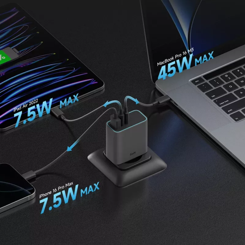 CUKTECH CUKAD653EUGR 65W GaN Φορτιστής Τοίχου 3 Θυρών USB-C & USB-A - Γκρι