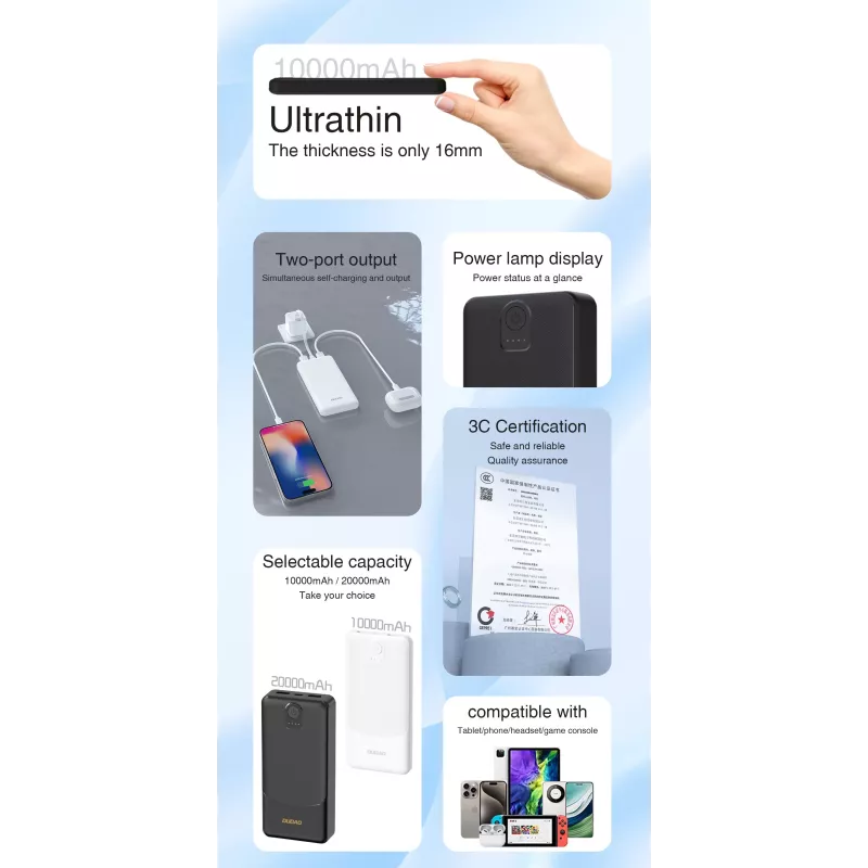 Dudao K10Pro power bank, 20000 mAh, 10 W, 2 x USB-A