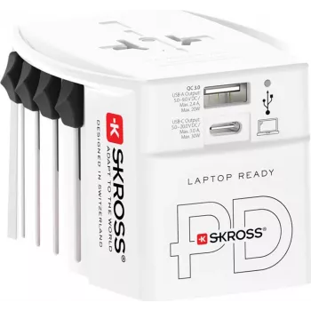 SKROSS MUV USB AC30PD Παγκόσμιος Ταξιδιωτικός Αντάπτορας με Φορτιστή USB, Λευκό