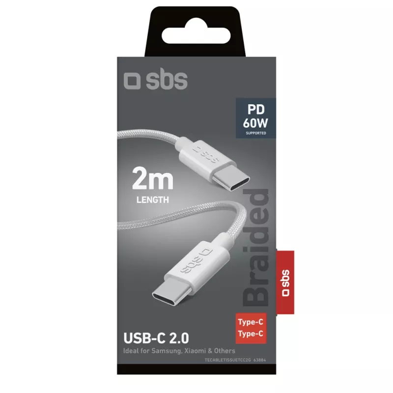 SBS TECABLE TISSUE TCC2G Καλώδιο USB-C σε USB-C 2m 60W Power Delivery - Γκρι