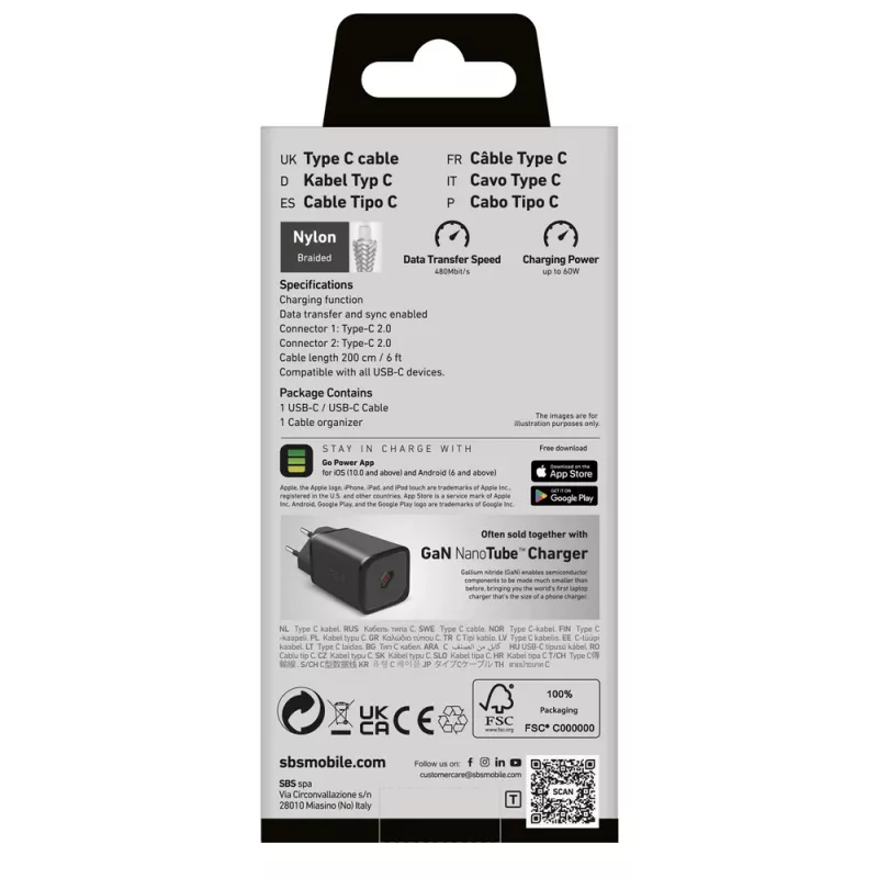 SBS TECABLE TISSUE TCC2G Καλώδιο USB-C σε USB-C 2m 60W Power Delivery - Γκρι