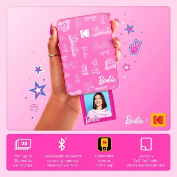 KODAK Step Slim Barbie Άμεσος Φωτογραφικός Εκτυπωτής - Bluetooth 5.0, Τεχνολογία ZINK Zero Ink, Εκτυπώσεις 2x3 ιντσών, Barbie Pink