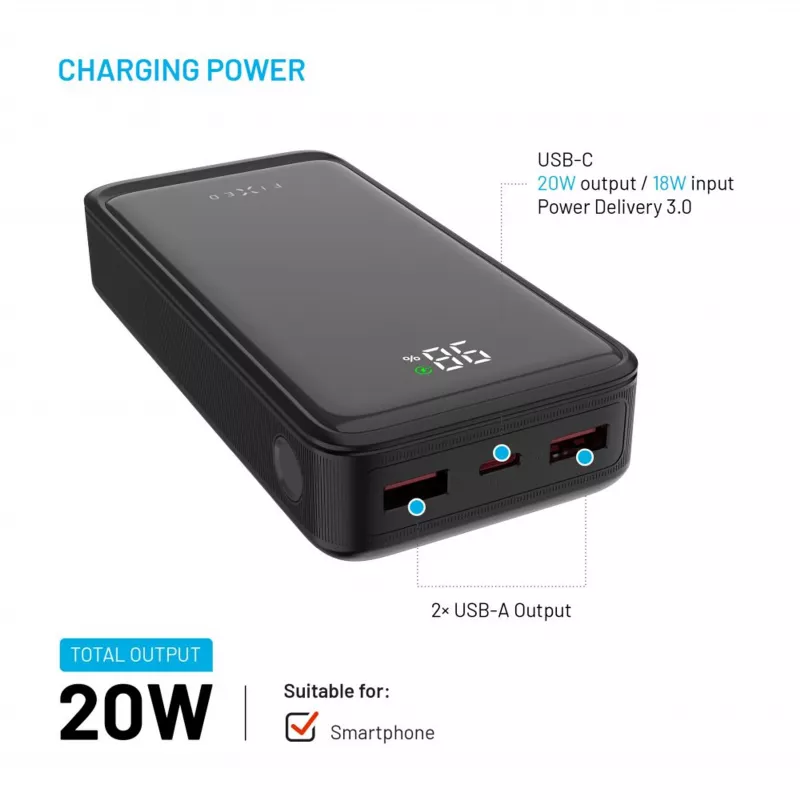 Fixed Zen2 20 powerbank, 20000 mAh, PD 20 W, οθόνη LCD, μαύρο