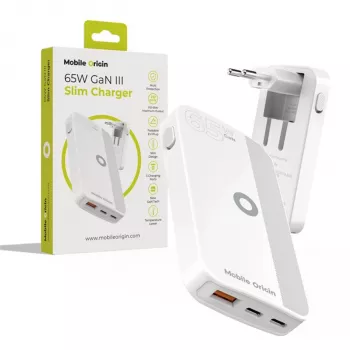 Mobile Origin 65W GaN Slim Dual USB-C Single USB-A Φορτιστής Τοίχου, Λευκός