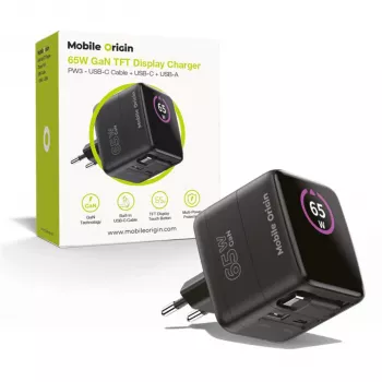 Mobile Origin 65W GaN Φορτιστής PW3 USB-C Ανασυρόμενο Καλώδιο 65cm + USB-A Μαύρο