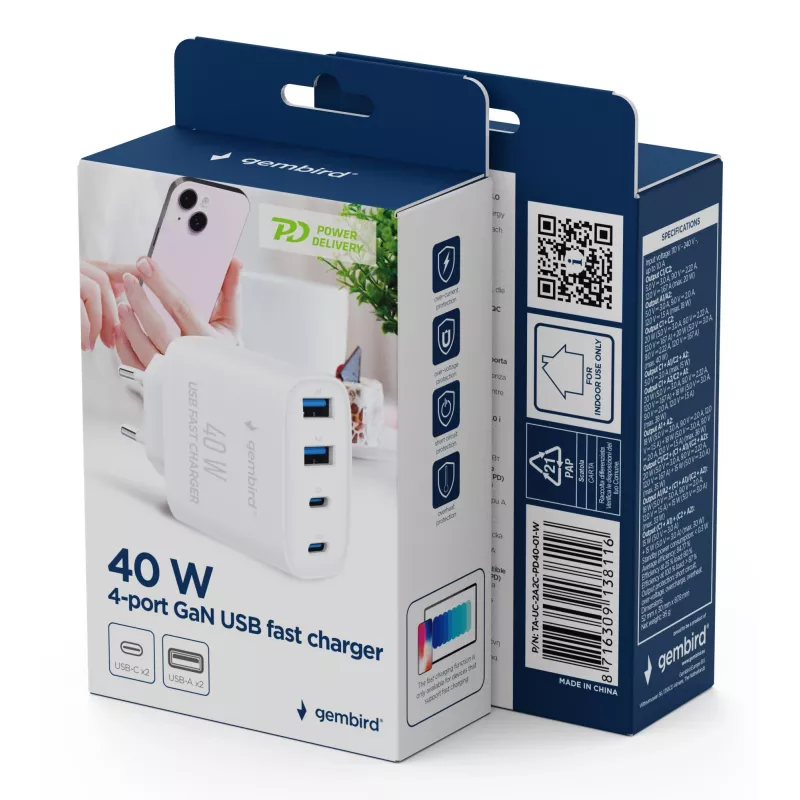 GEMBIRD TA-UC-2A2C-PD40-01-W GaN USB PD Φορτιστής 4 Θυρών, 40 W, Λευκό