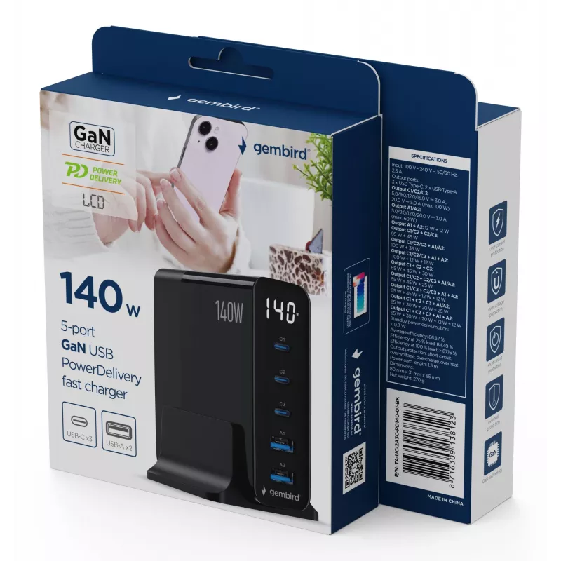 GEMBIRD TA-UC-2A3C-PD140-01-BK GaN 5-Θυρών USB-C & USB-A Ταχυφορτιστής, 140 W, Μαύρο