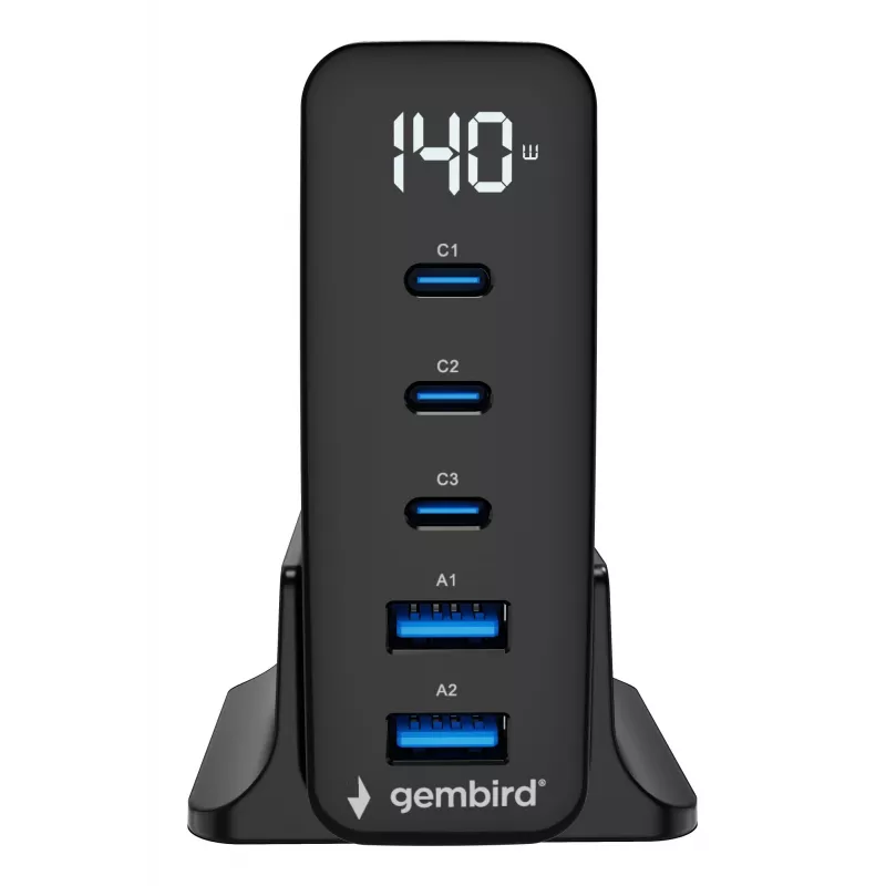 GEMBIRD TA-UC-2A3C-PD140-01-BK GaN 5-Θυρών USB-C & USB-A Ταχυφορτιστής, 140 W, Μαύρο