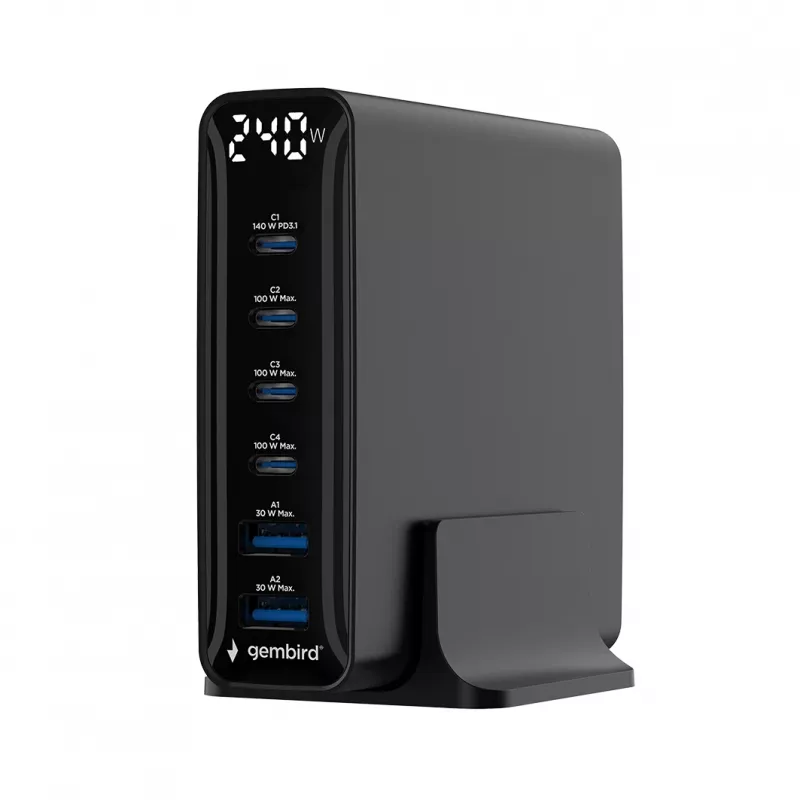 Gembird TA-UC-2A4C-PD240-01-BK 6-Θυρών Φορτιστής USB 240W GaN Μαύρο