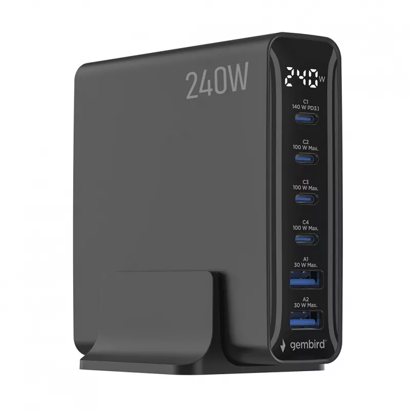 Gembird TA-UC-2A4C-PD240-01-BK 6-Θυρών Φορτιστής USB 240W GaN Μαύρο