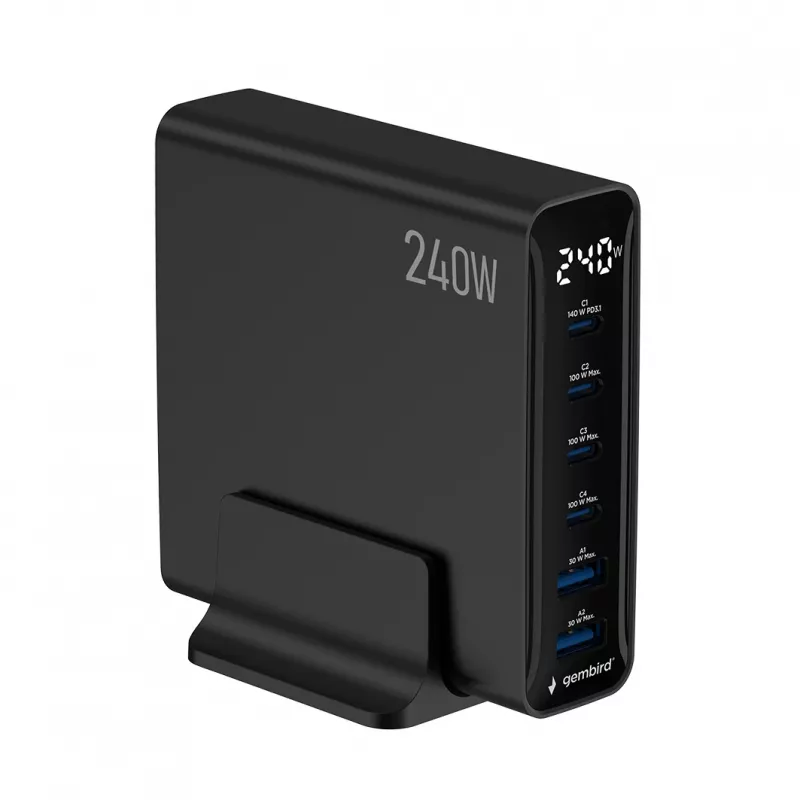 Gembird TA-UC-2A4C-PD240-01-BK 6-Θυρών Φορτιστής USB 240W GaN Μαύρο