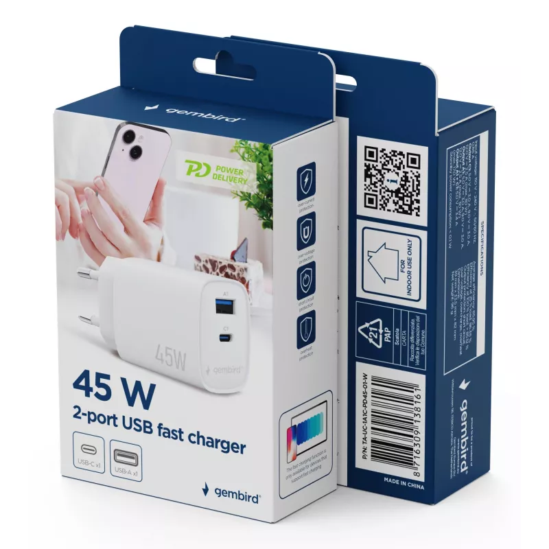 Gembird TA-UC-1A1C-PD45-01-W 45W USB-C PD Τροφοδοτικό Λευκό