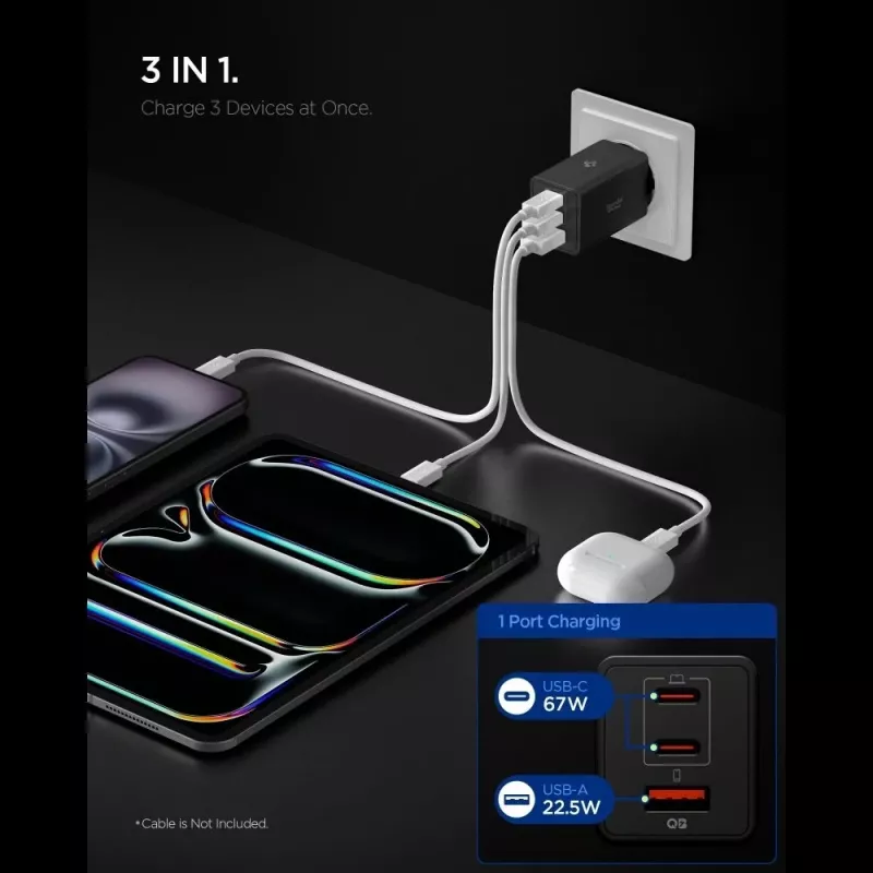 Spigen Essential EE673EU 67W GaN Φορτιστής τοίχου 3 θυρών USB-C/USB-A Μαύρο