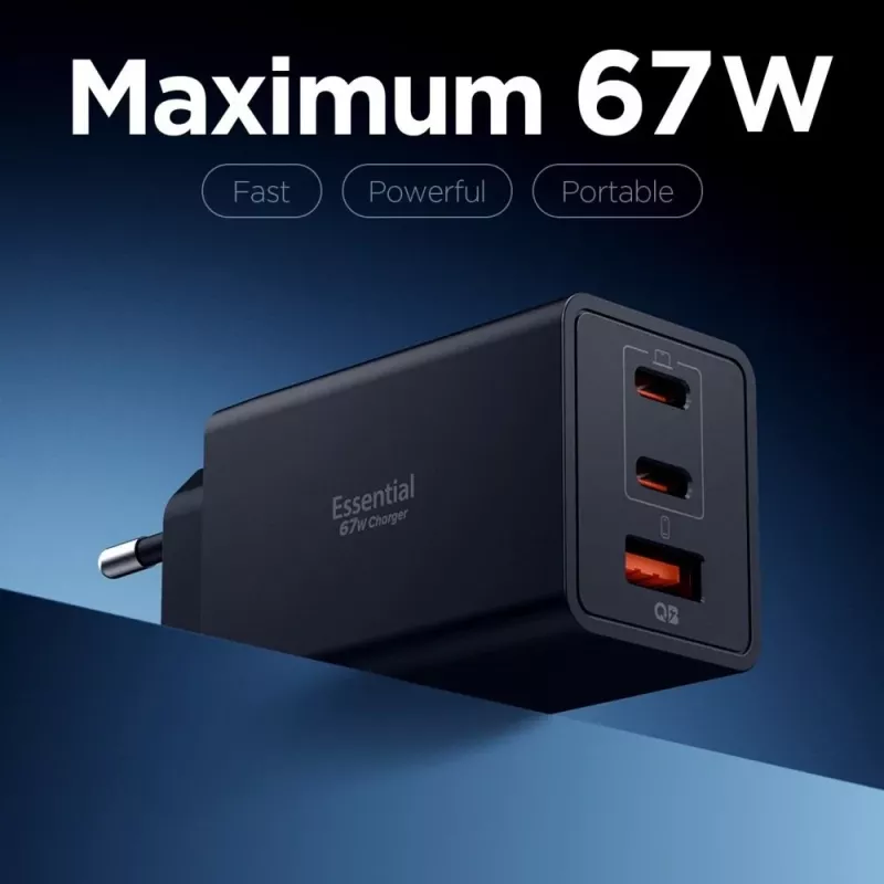 Spigen Essential EE673EU 67W GaN Φορτιστής τοίχου 3 θυρών USB-C/USB-A Μαύρο